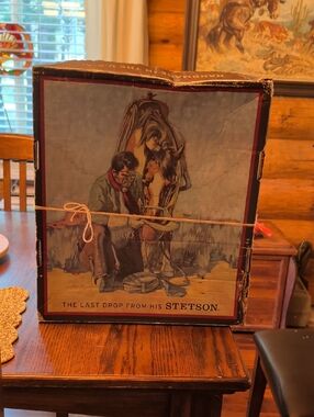 Stetson Brown, Red and Cream Illustrated Western Hat Box With White 4x Hat